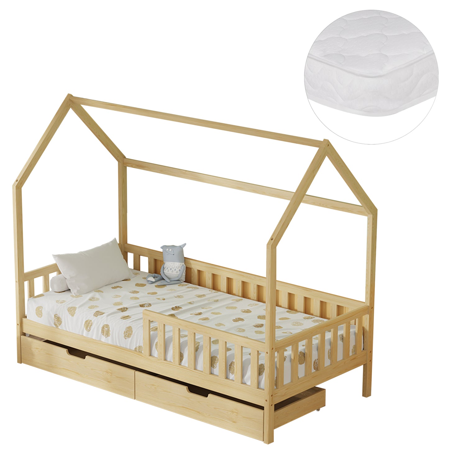 Bed With Drawers Phyllis Hm21324 Pine Wood In Natural Wood Color--with Mattress 90x190cm