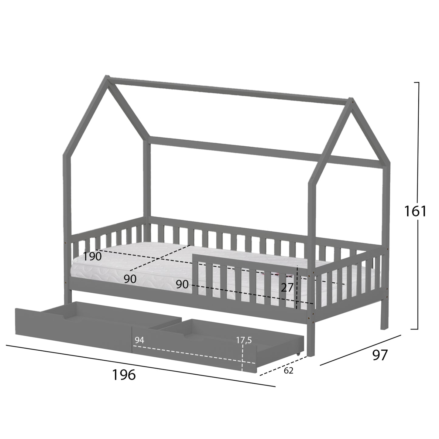 Bed With Drawers Phyllis Hm21324.02 Pine Wood In Grey--with Mattress 90x190cm