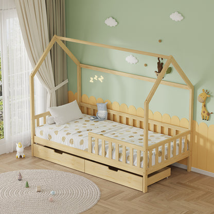 Kids' Bed With Drawers Phyllis Hm724.01 Pine Wood In Natural 196x97x161hcm.