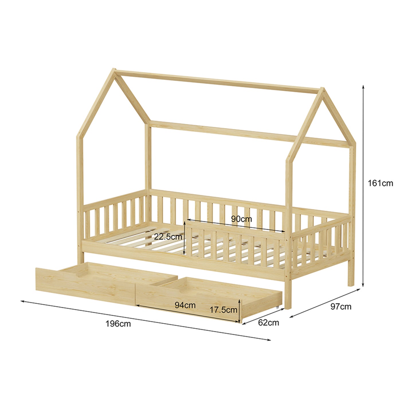 Kids' Bed With Drawers Phyllis Hm724.01 Pine Wood In Natural 196x97x161hcm.