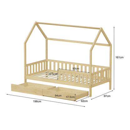 Kids' Bed With Drawers Phyllis Hm724.01 Pine Wood In Natural 196x97x161hcm.