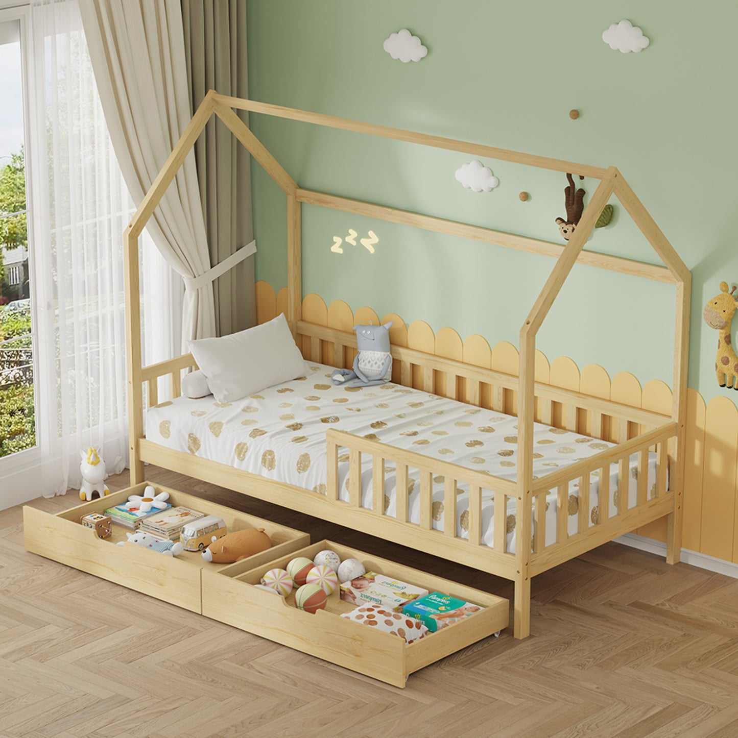 Kids' Bed With Drawers Phyllis Hm724.01 Pine Wood In Natural 196x97x161hcm.