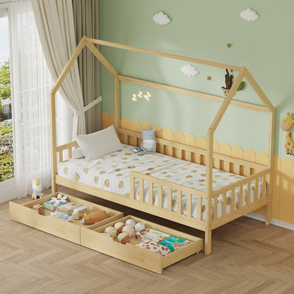 Kids' Bed With Drawers Phyllis Hm724.01 Pine Wood In Natural 196x97x161hcm.