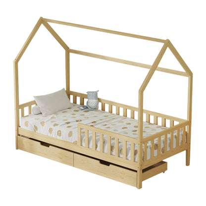 Kids' Bed With Drawers Phyllis Hm724.01 Pine Wood In Natural 196x97x161hcm.