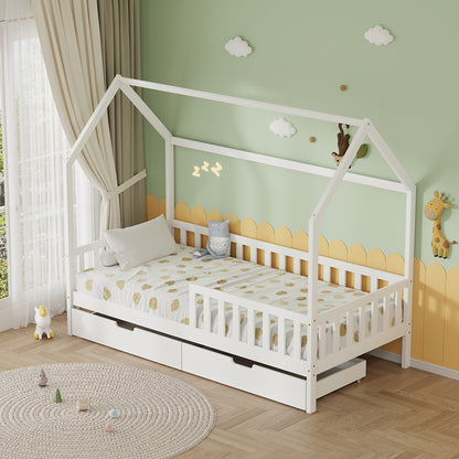Kids' Bed With Drawers Phyllis Hm724.03 Pine Wood In White 196x97x161hcm.