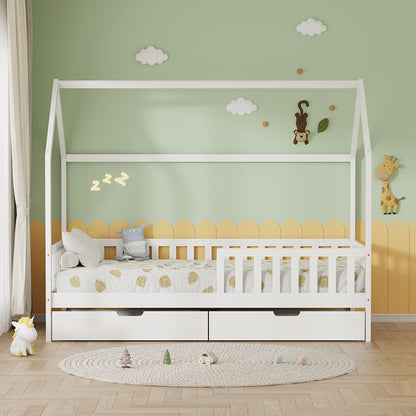 Kids' Bed With Drawers Phyllis Hm724.03 Pine Wood In White 196x97x161hcm.