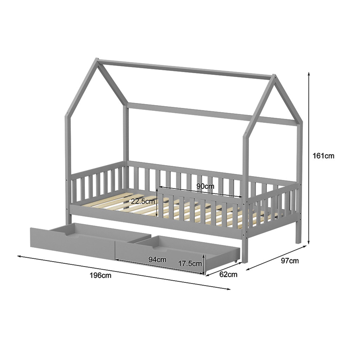 Kids' Bed With Drawers Phyllis Hm724.05 Pine Wood In Grey 196x97x161hcm.