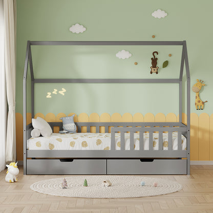 Kids' Bed With Drawers Phyllis Hm724.05 Pine Wood In Grey 196x97x161hcm.