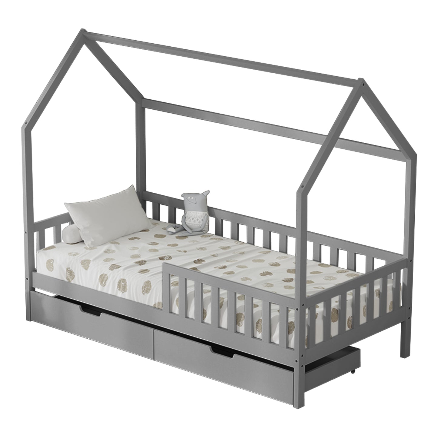 Kids' Bed With Drawers Phyllis Hm724.05 Pine Wood In Grey 196x97x161hcm.