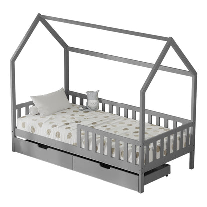 Kids' Bed With Drawers Phyllis Hm724.05 Pine Wood In Grey 196x97x161hcm.