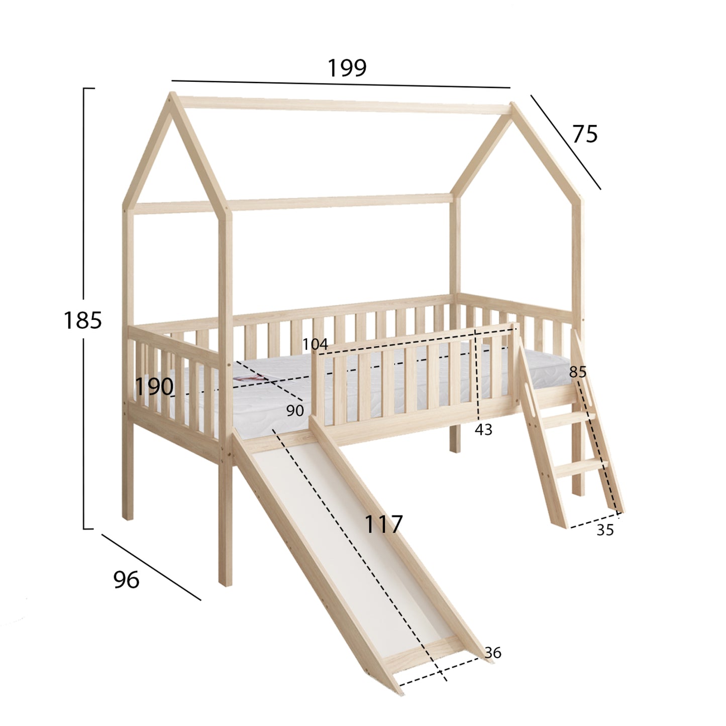 Bed With Slide Phyllis Hm21310 Pine Wood In Natural--with Mattress 90x190cm