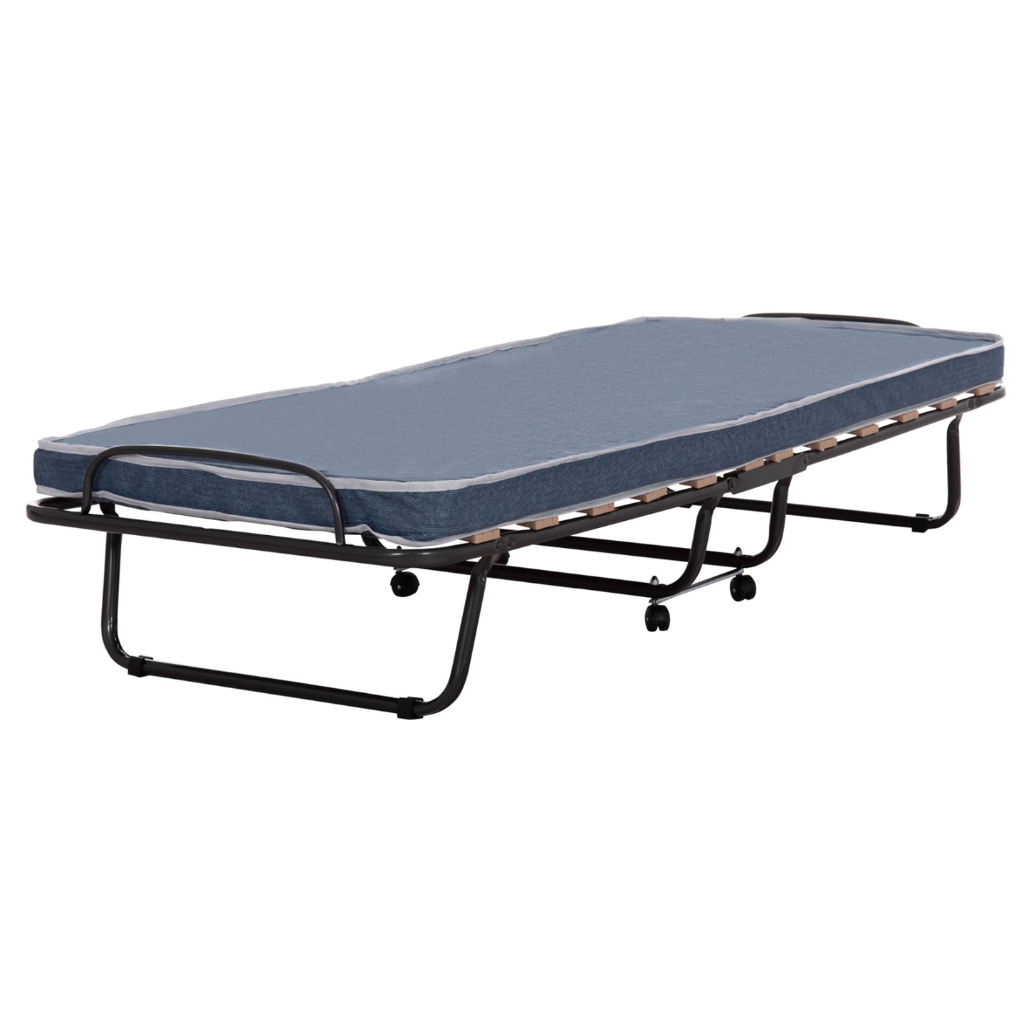 Foldable Bed Slade Hm604.03 Metal With Wheels & Mattress 6.5cm Blue Jeans Look 80x183x37.5hcm.