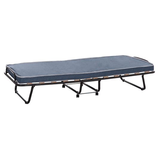 Foldable Bed Slade Hm604.03 Metal With Wheels & Mattress 6.5cm Blue Jeans Look 80x183x37.5hcm.