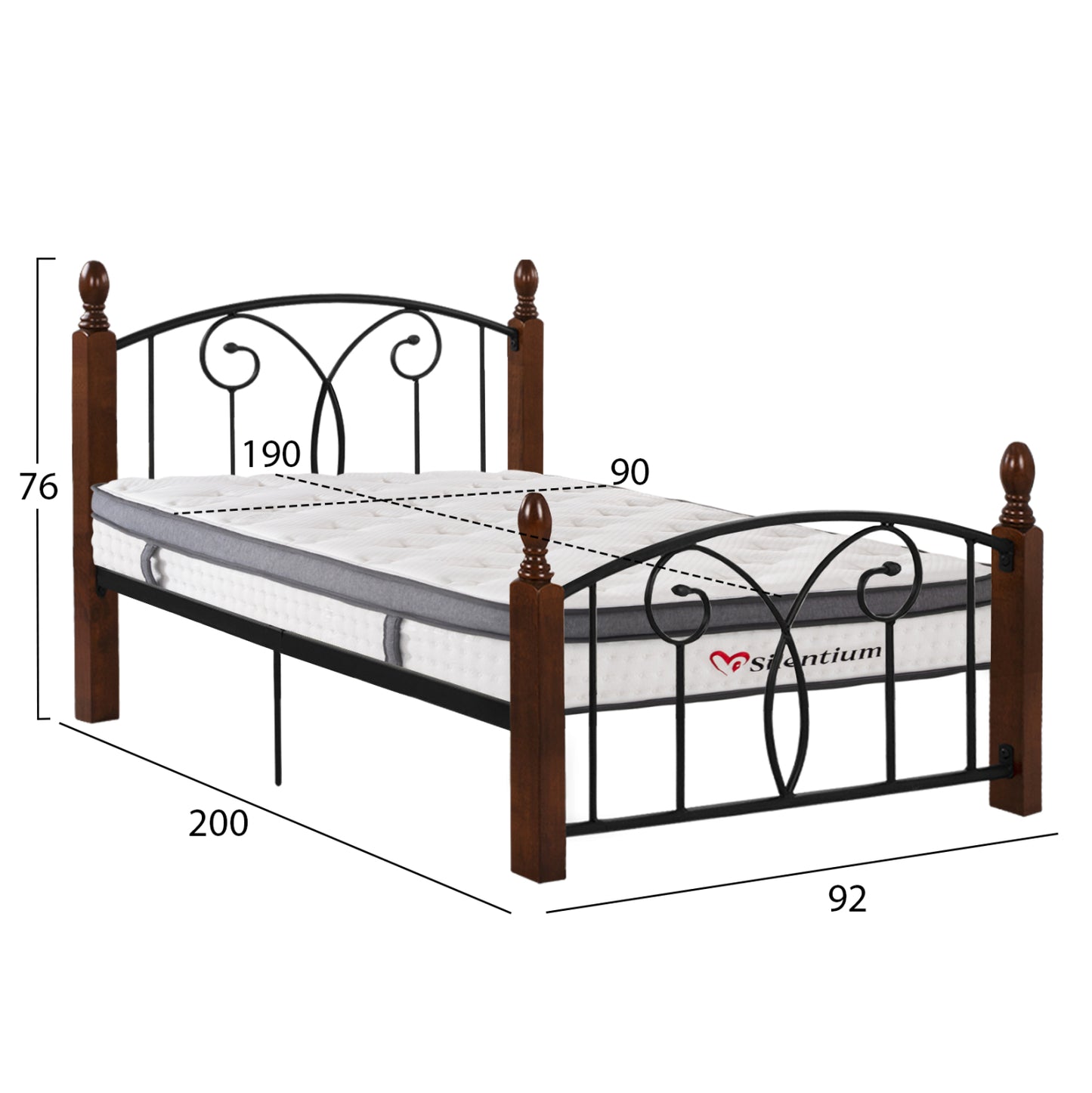 Bed With Mattress Suzie ΗΜ10800 Metal & Rubberwood In Dark Walnut--mattress 90x190cm.
