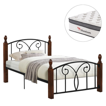 Bed With Mattress Suzie ΗΜ10800 Metal & Rubberwood In Dark Walnut--mattress 90x190cm.
