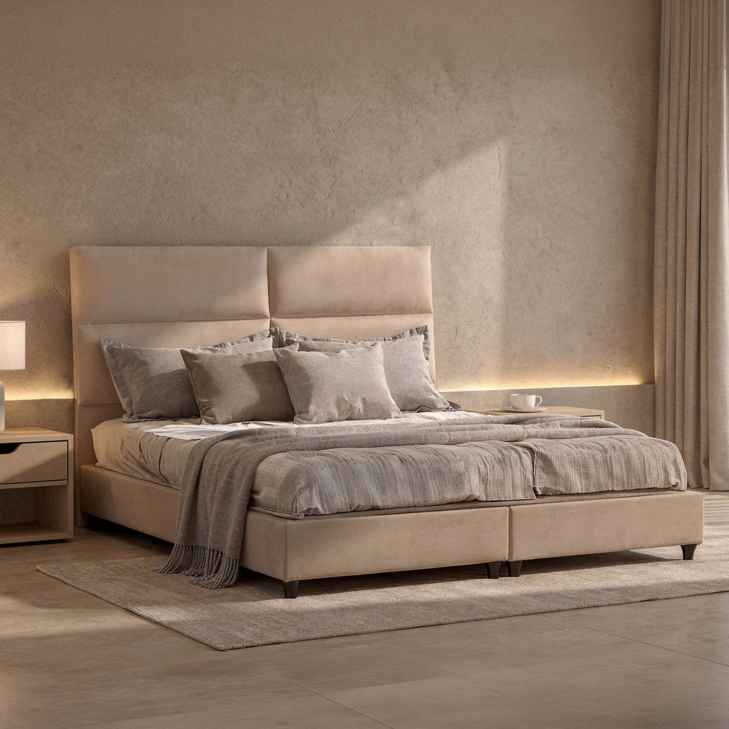 Bed King-size Made Of Sand Beige Fabric Milo Hm628.22 For Mattress 180x200cm.