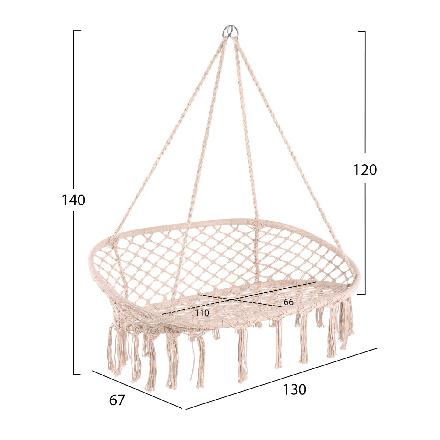 Hanging Nest Hm5769 2-seater Macrame Rope In Beige Color 130x67x120-140hcm.