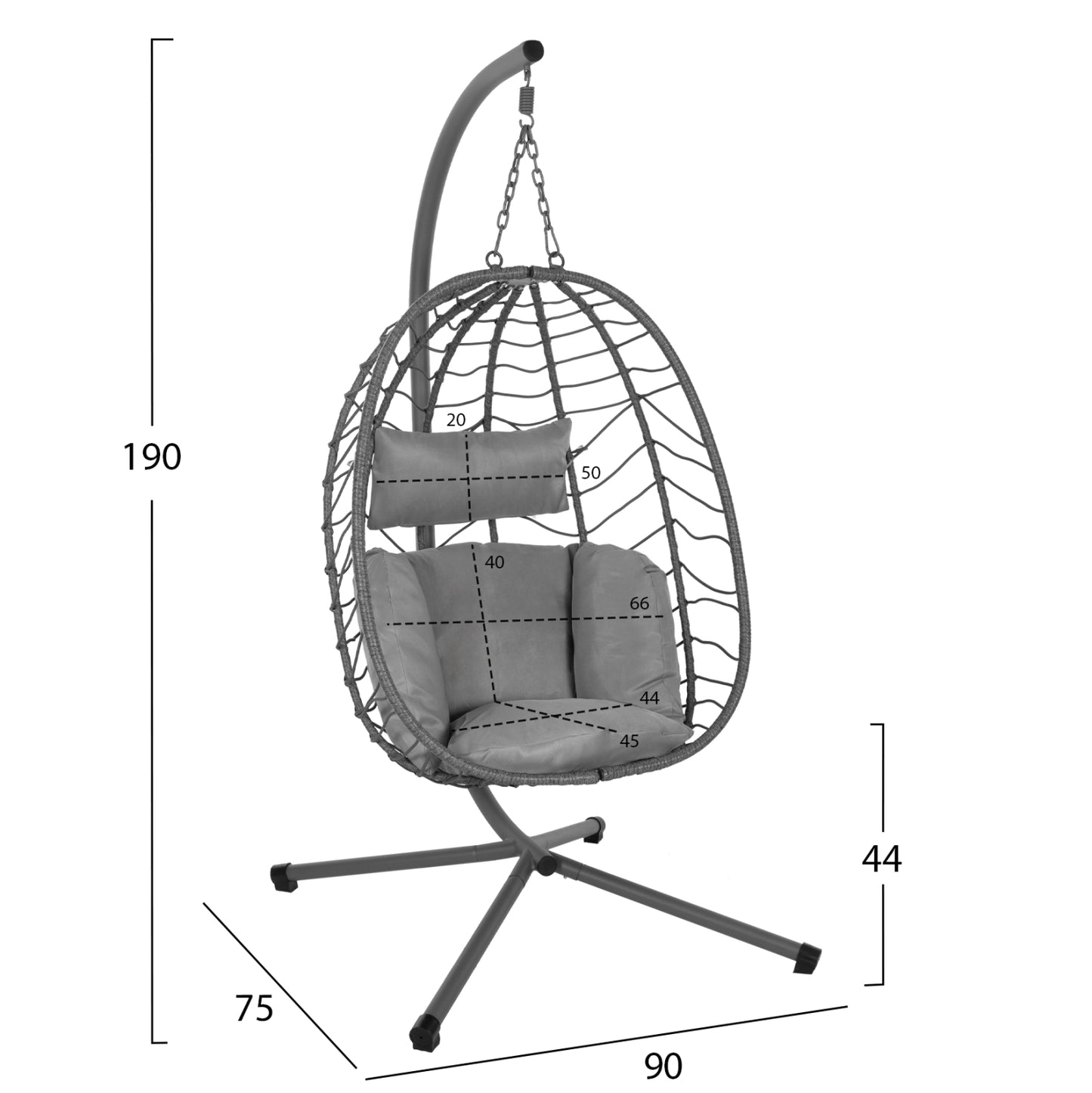 Hanging Nest Millie Hm5997.10 Metal Base-synthetic Rattan And Cushions In Grey 90x75x190hcm.