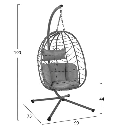 Hanging Nest Millie Hm5997.10 Metal Base-synthetic Rattan And Cushions In Grey 90x75x190hcm.