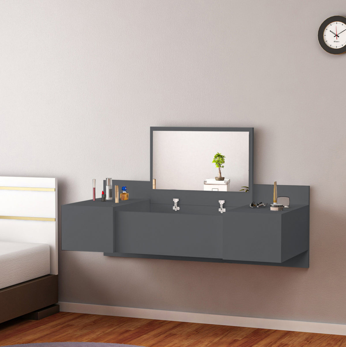 Wall Mounted Dressing Table Linde Hm8960.12 Melamine In Anthracite 100x39x33hcm.