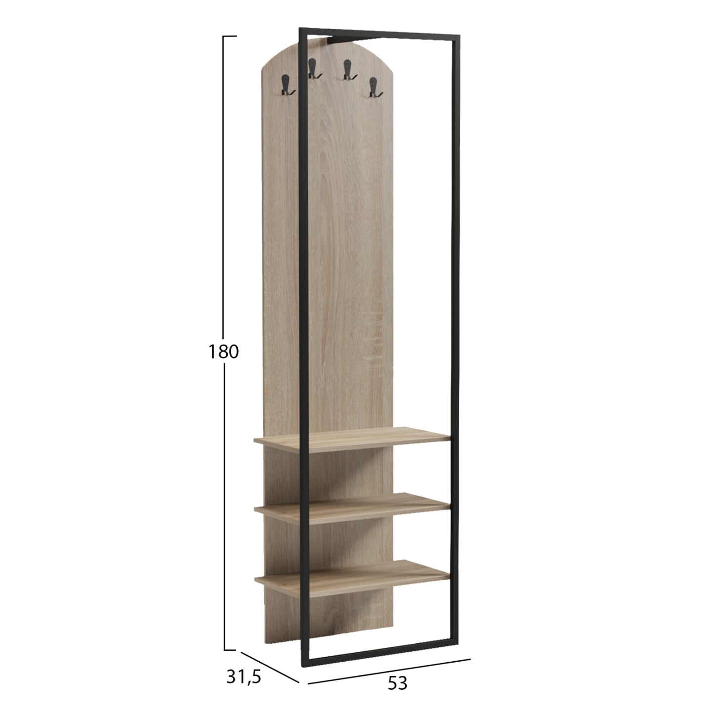 Coat Hanger With Shelves Nino Hm18382.01 Metal In Black--melamine In Sonama 53x31.5x180hcm.