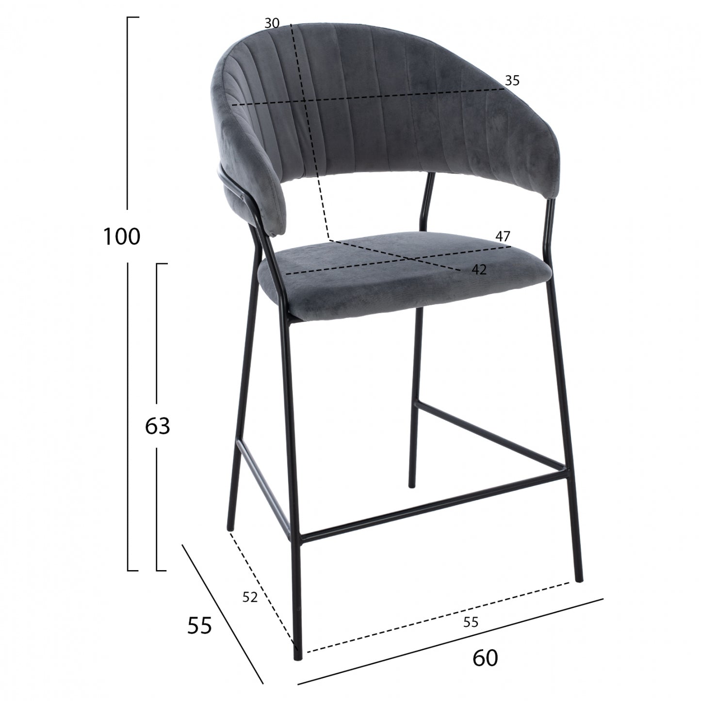 Medium Height Stool ΗΜ8734.01 Gray Velvet With Black Frame 60x55x100y Cm.