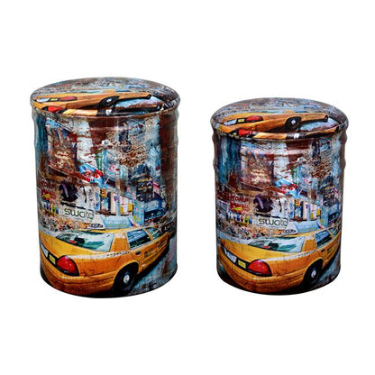 Metallic Set 2 Pieces Stool With Storage Space & Pu Hm267 Yellow