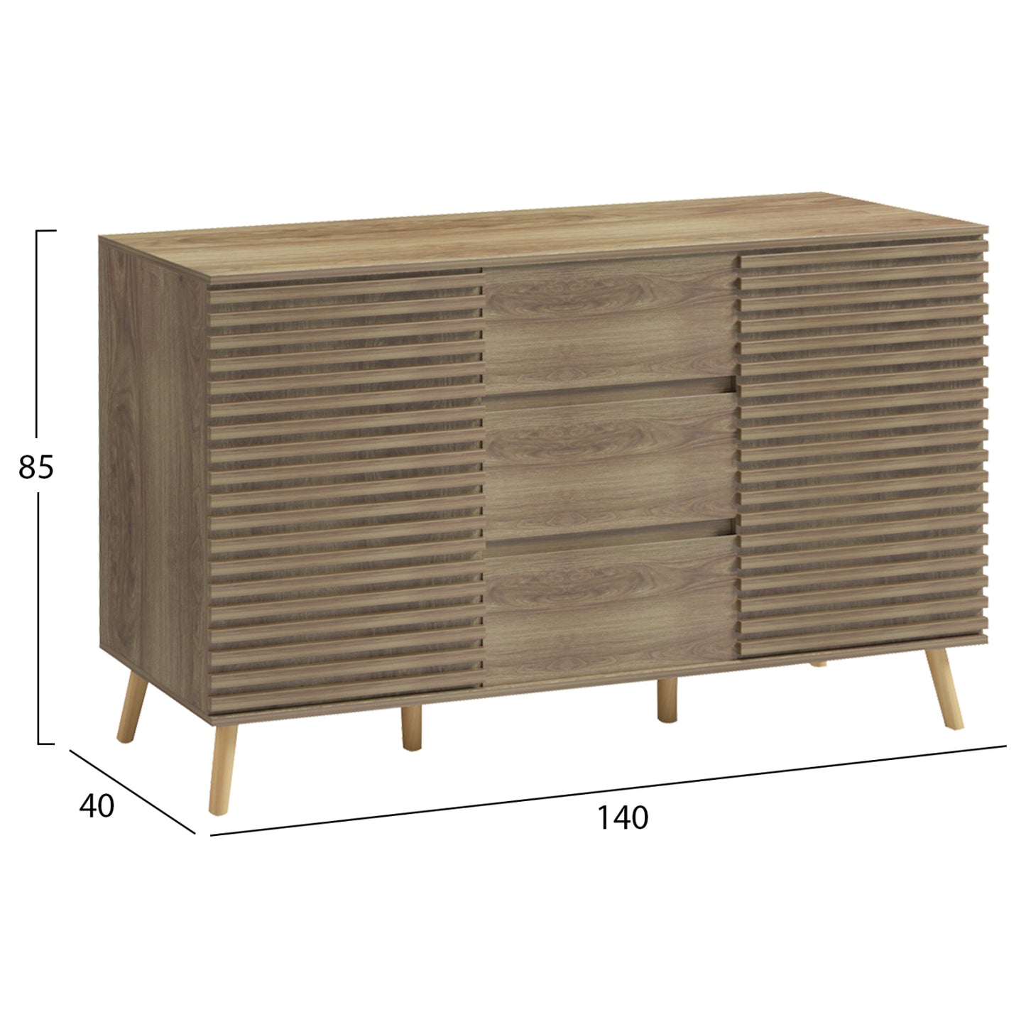Sideboard Faestro Hm18371 Melamine In Natural Wood Color--solid Beech Wood Legs 140x40x85hcm.