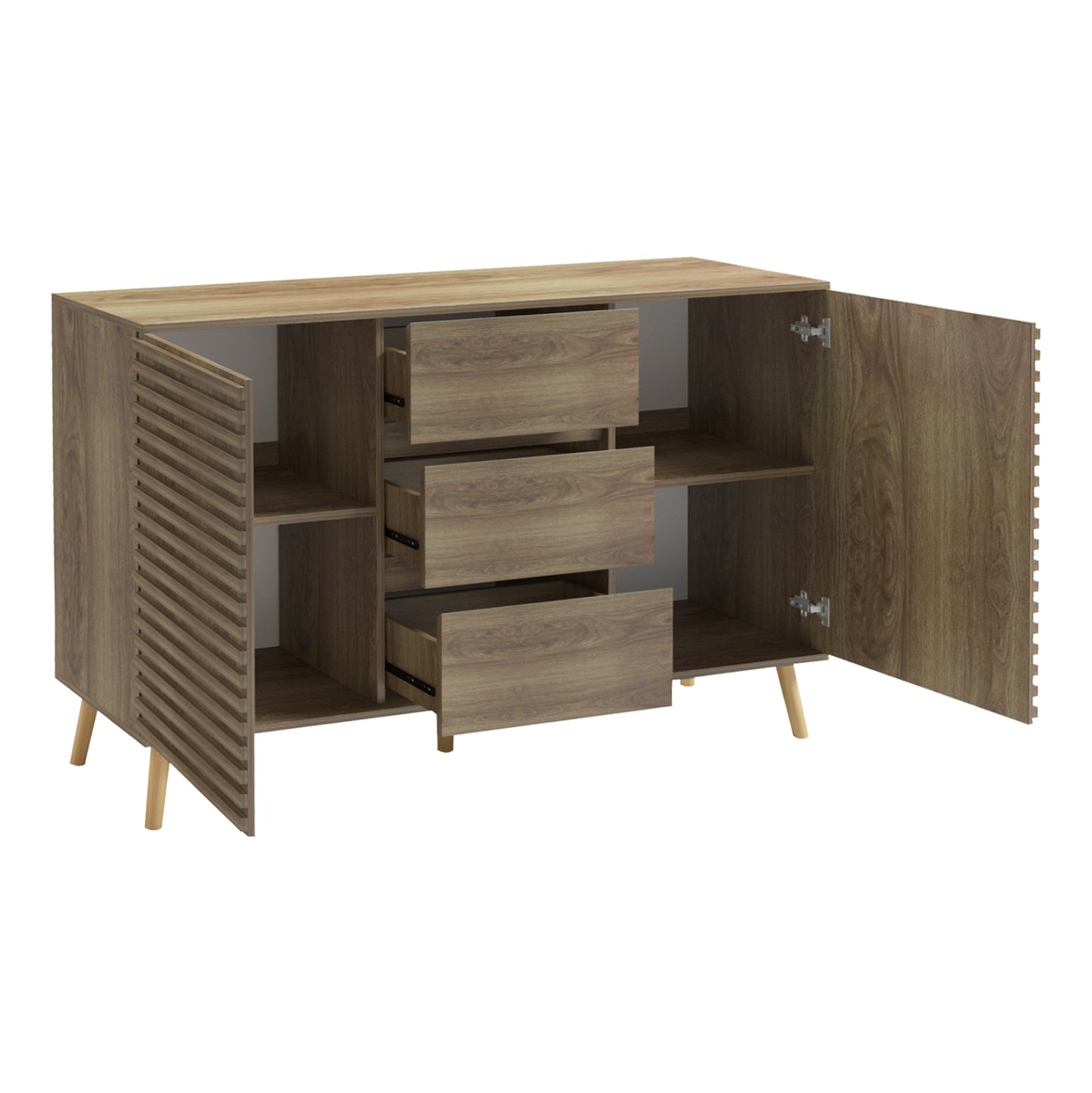 Sideboard Faestro Hm18371 Melamine In Natural Wood Color--solid Beech Wood Legs 140x40x85hcm.