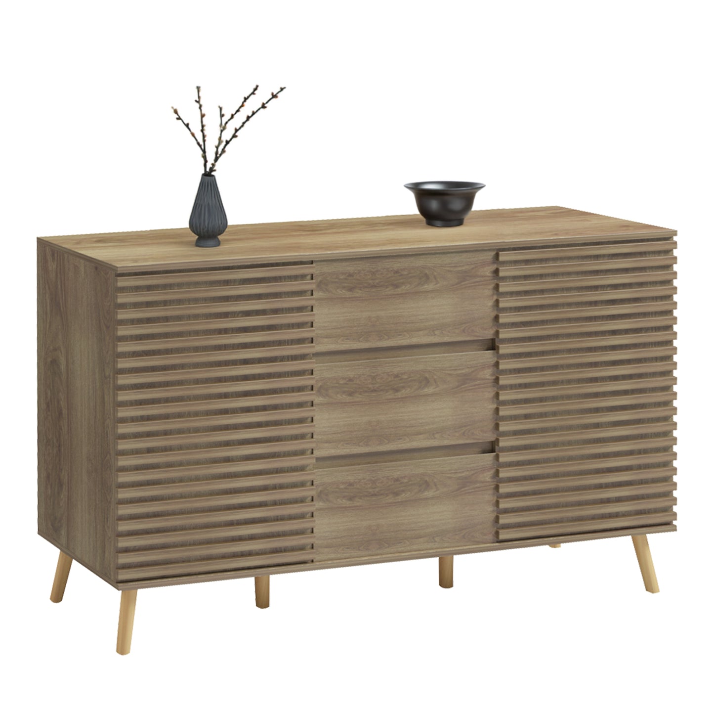 Sideboard Faestro Hm18371 Melamine In Natural Wood Color--solid Beech Wood Legs 140x40x85hcm.