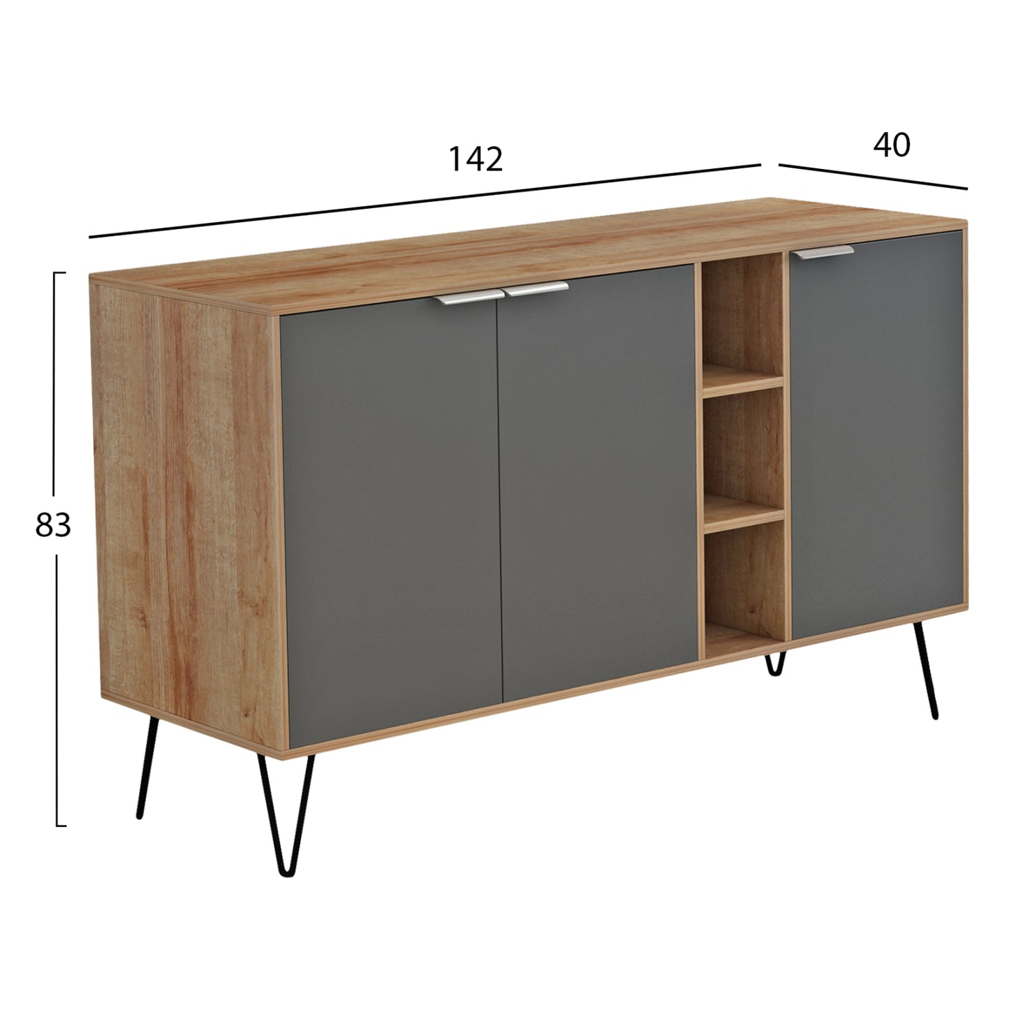 Sideboard Cabron Hm8874.11 Melamine In Natural-anthracite & Black Metal Legs 142x40x83hcm.