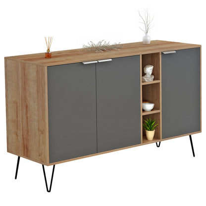 Sideboard Cabron Hm8874.11 Melamine In Natural-anthracite & Black Metal Legs 142x40x83hcm.