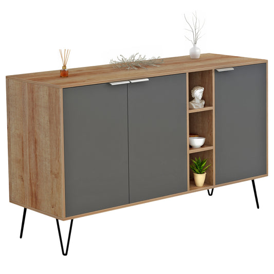 Sideboard Cabron Hm8874.11 Melamine In Natural-anthracite & Black Metal Legs 142x40x83hcm.