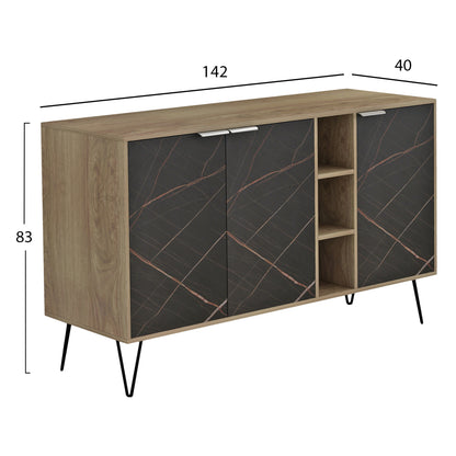 Sideboard Cabron Hm8874.12 Melamine In Sonama-black Marble & Black Metal Legs 142x40x83hcm.