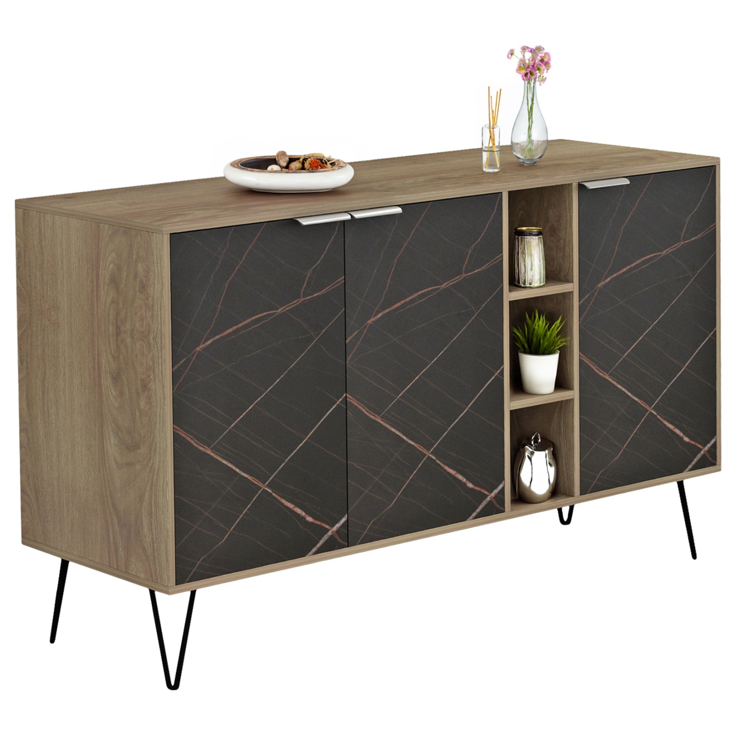 Sideboard Cabron Hm8874.12 Melamine In Sonama-black Marble & Black Metal Legs 142x40x83hcm.