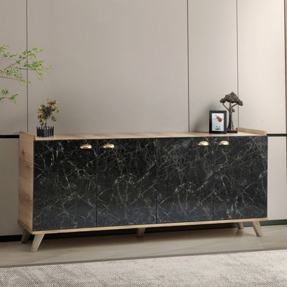 Melamine Buffet Hm9045.01 Natural Wood Shade - Black Marble Look 180x41x77,8y Cm.