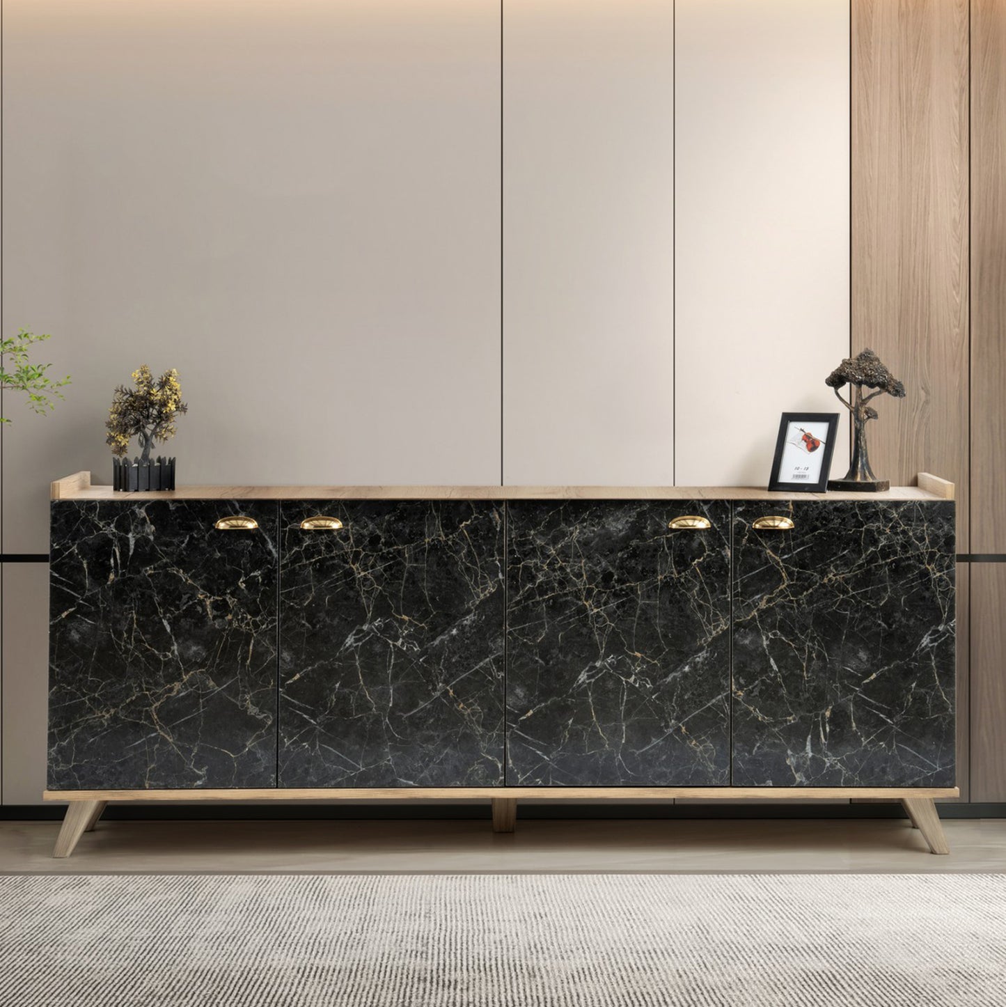 Melamine Buffet Hm9045.01 Natural Wood Shade - Black Marble Look 180x41x77,8y Cm.