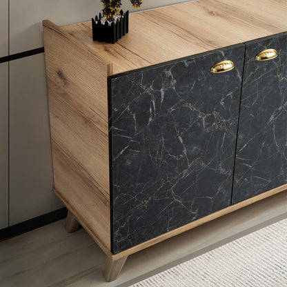 Melamine Buffet Hm9045.01 Natural Wood Shade - Black Marble Look 180x41x77,8y Cm.