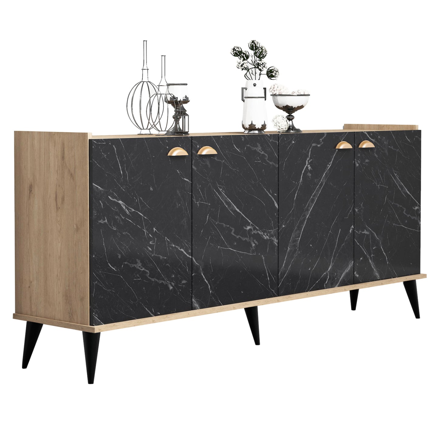 Melamine Buffet Hm9045.01 Natural Wood Shade - Black Marble Look 180x41x77,8y Cm.