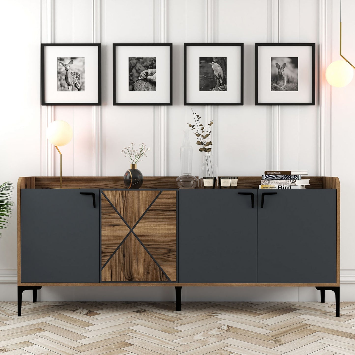 Buffet Melamine Walnut And Charcoal Grey 180x35x78hcm.hm9433.01