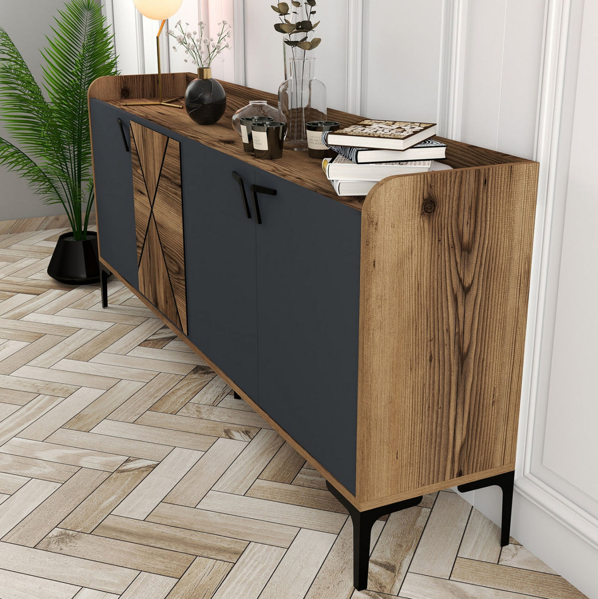 Buffet Melamine Walnut And Charcoal Grey 180x35x78hcm.hm9433.01