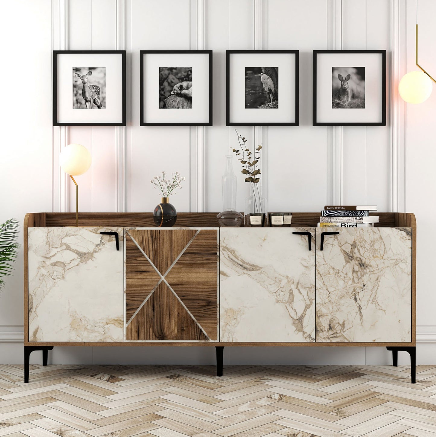 Buffet Melamine Walnut And White Marble Look 180x35x78Ηcm.ΗΜ9433.02