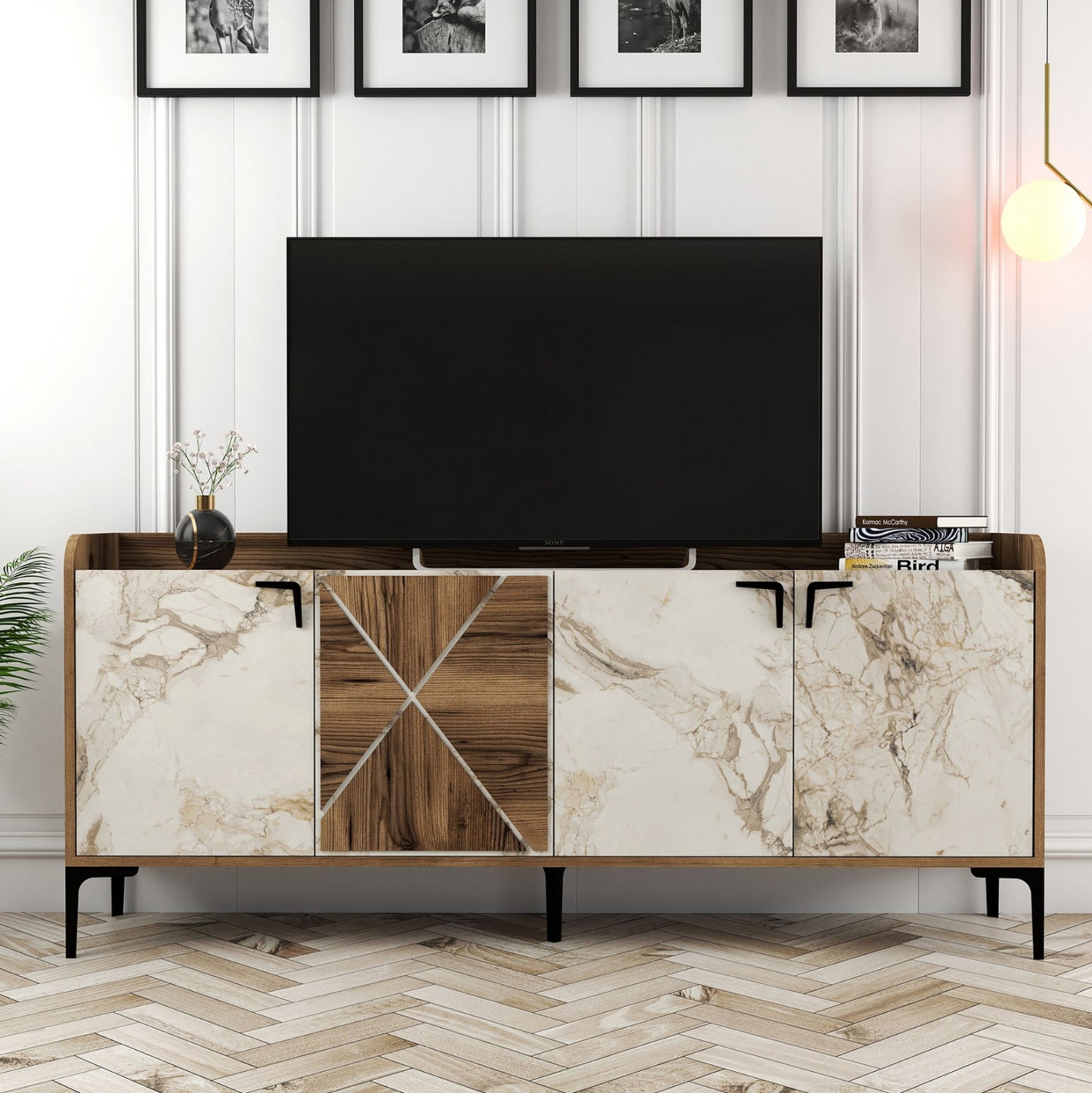Buffet Melamine Walnut And White Marble Look 180x35x78Ηcm.ΗΜ9433.02