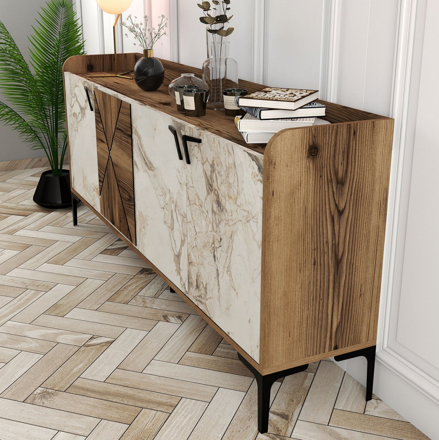 Buffet Melamine Walnut And White Marble Look 180x35x78Ηcm.ΗΜ9433.02
