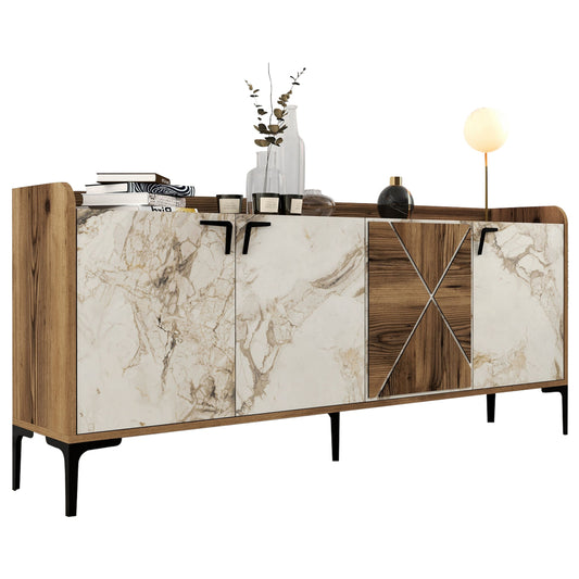 Buffet Melamine Walnut And White Marble Look 180x35x78Ηcm.ΗΜ9433.02