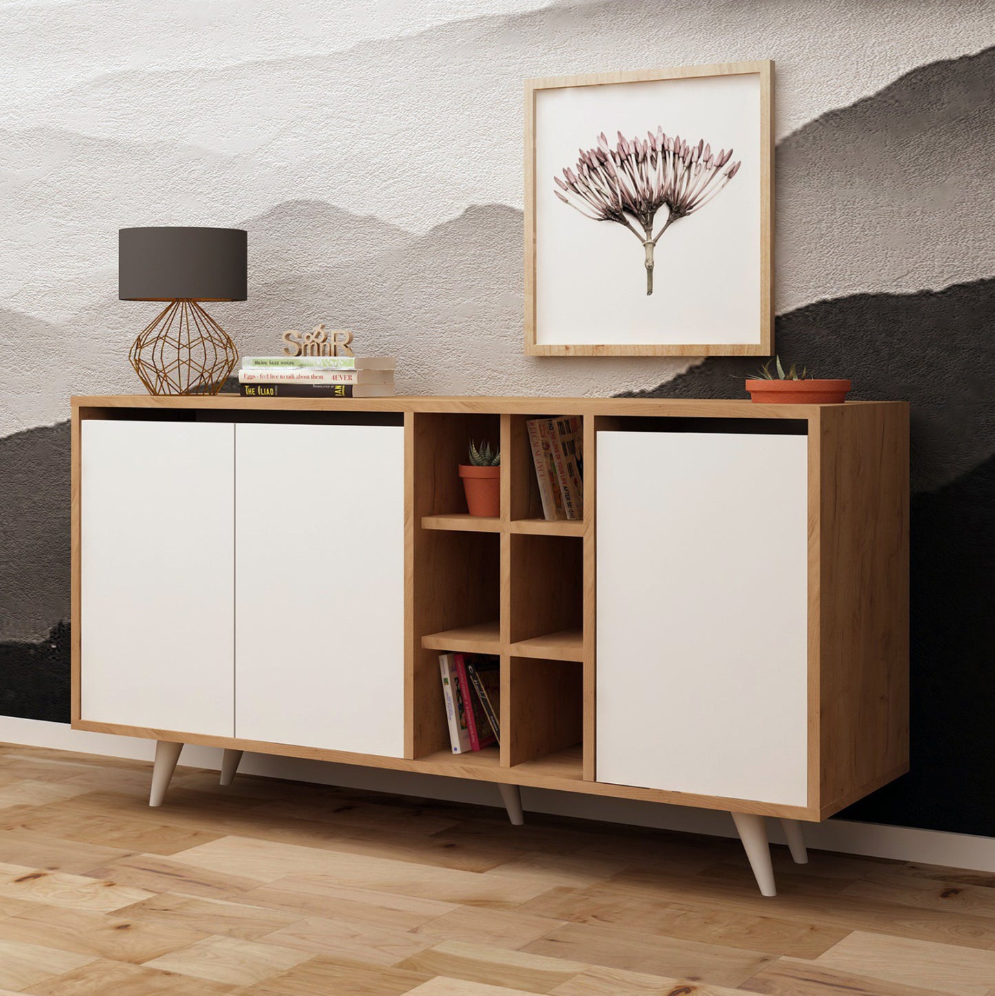 Buffet Briar Melamine Walnut And White Color 140x40x86hcm.hm9432.02