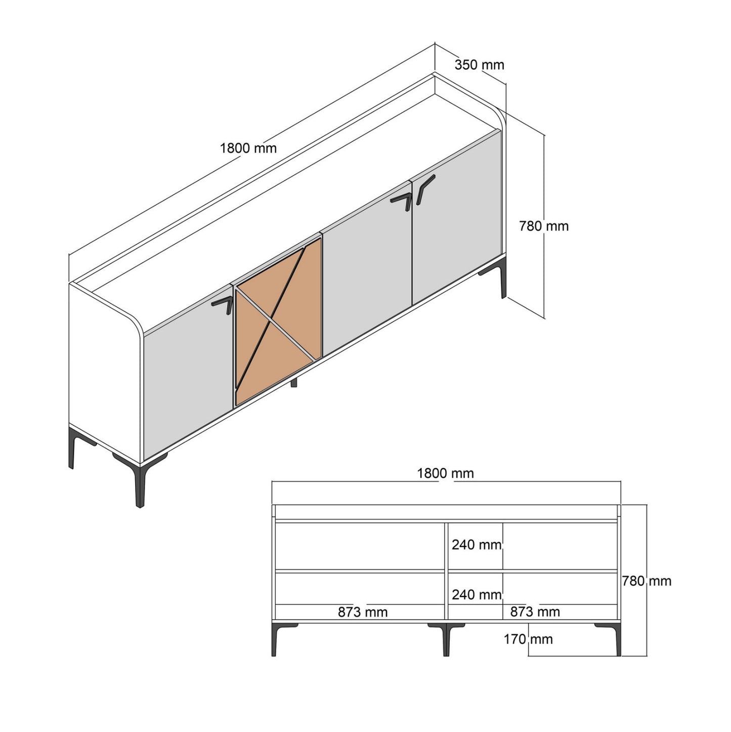 Buffet Melamine Hm9433.03 Walnut With Black Marble-look Doors 180x35x78hcm.