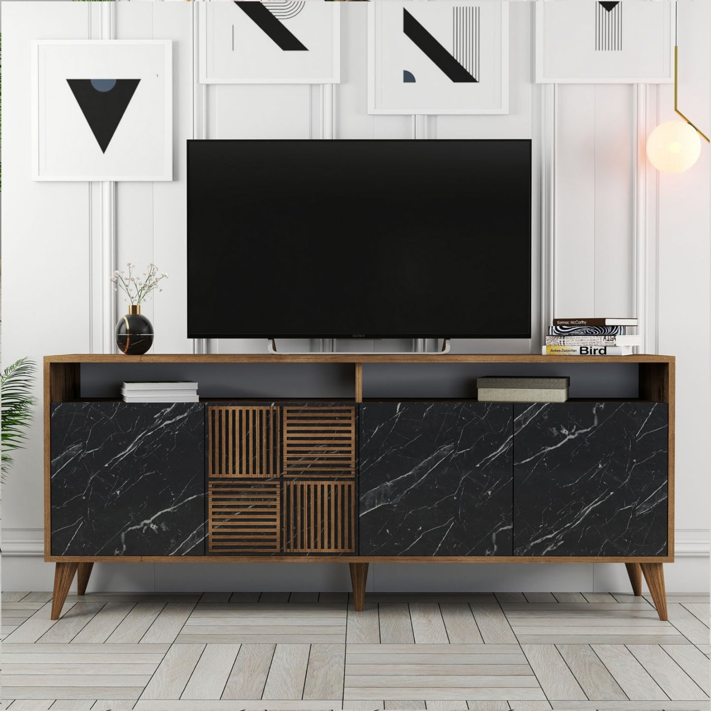 Buffet Melamine Hm9431.05 In Walnut With Black Marble-look Doors 180x35x78.6hcm.