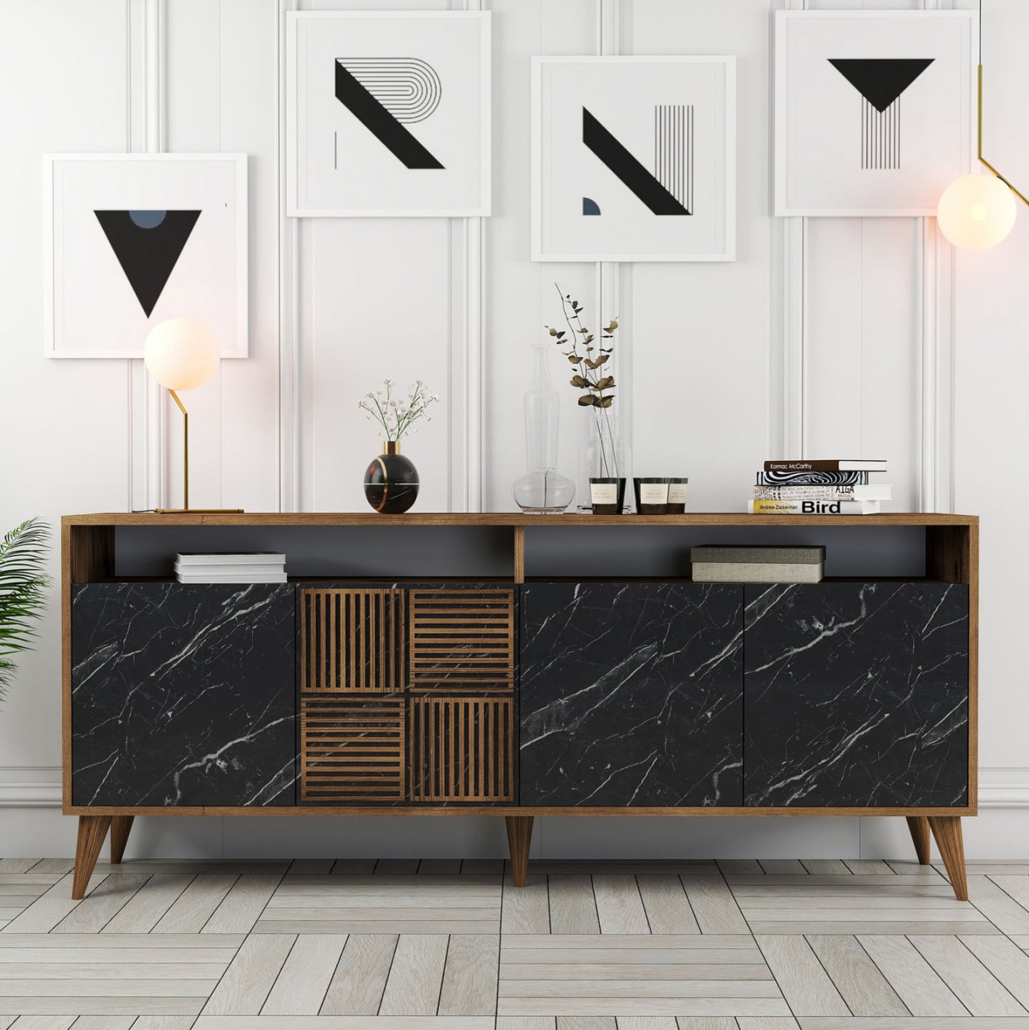 Buffet Melamine Hm9431.05 In Walnut With Black Marble-look Doors 180x35x78.6hcm.