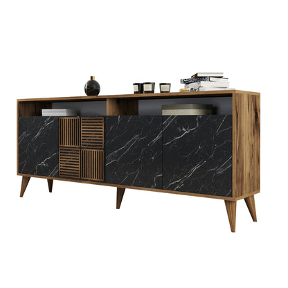 Buffet Melamine Hm9431.05 In Walnut With Black Marble-look Doors 180x35x78.6hcm.